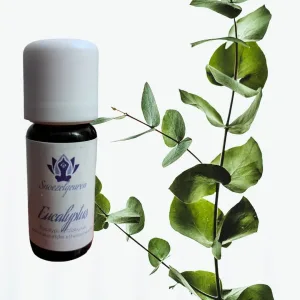 flesje met op het etiket de tekst snoezelgeuren en eucalyptus op de achtergrond is een takje eucalyptus afgebeeld.