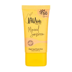 Een gele tube Mineral Sunscreen spf 50 van Lav kids bij AUdhdshop